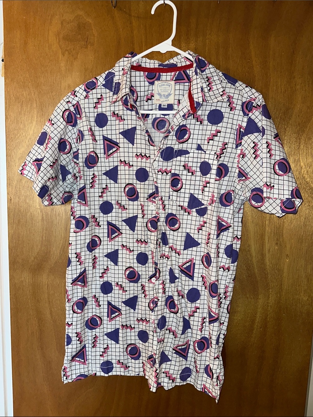 Women’s Short-Sleeve Button-Down Shirt in White with Purple & Pink Geo Print